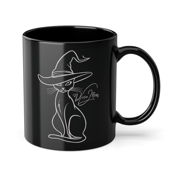 Mothers Day Mug - Wicca Mom - Unique Gift - white drawing of a Cat wearing a Witch Hat on a Black Cup