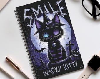 Diario gótico en espiral, cuaderno y agenda "Smile Wacky Kitty", diseño de gato, color morado y negro, papelería alternativa de ReDawn
