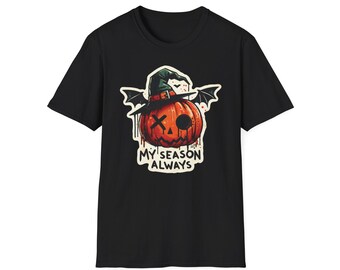 UE | Camiseta unisex con estampado de calabaza de Halloween "My Season Always" (Siempre mi temporada), diseño de calabaza con alas de murciélago y sombrero de bruja - de ReDawn