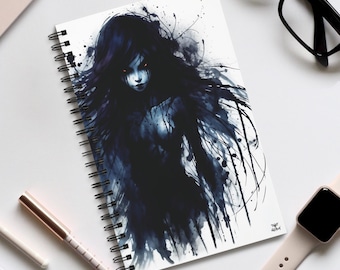 Cuaderno de espiral con acuarela y tinta de dama oscura, cuaderno gótico, diario de arte oscuro, cuaderno de bocetos de Halloween, tinta - por ReDawn