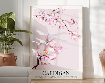 Póster de cárdigan / Arte de pared imprimible / Descarga digital Impresión en casa / Decoración del hogar con estética floral Folklore de flor de cerezo rosa