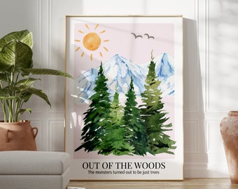 Impresión de acuarela de un bosque fuera del bosque / Paisaje de montaña con árboles (descarga digital)