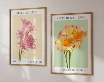 Juego de 2 impresiones con el mensaje "Nunca seas tan inteligente que te olvides de ser amable" / Póster de Marjorie / Decoración de dormitorio / Descarga digital / Impresión botánica femenina