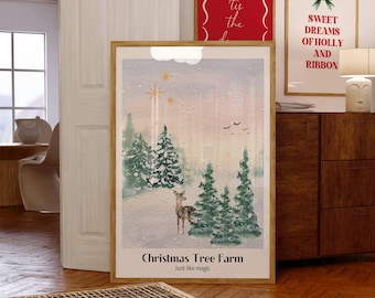 Christmas Tree Farm Watercolor Print | Winter Deer Scene (Digital Download)
