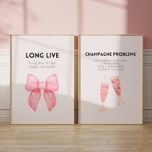Set of 2 Coquette Room Decor Prints, Long Live, Champagne Problems, Digital Download Poster, Wall Art Pink Bow