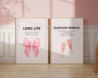 Láminas decorativas para la habitación Coquette, Lazo rosa, Problemas de champán (Descarga digital)