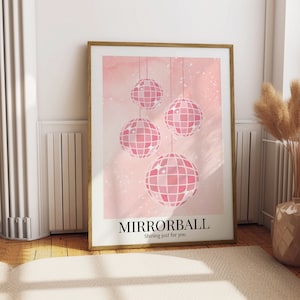 Póster de folclore de bola de espejos / Arte de pared imprimible / Descarga digital Impresión en casa / Decoración estética del hogar rosa