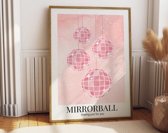Póster de bola de espejos / Arte de pared imprimible / Descarga digital para imprimir en casa / Decoración estética del hogar rosa