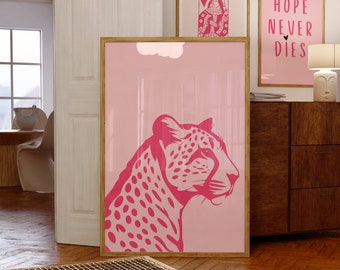 Lámina artística de guepardo rosa / Decoración preppy moderna (Descarga digital)