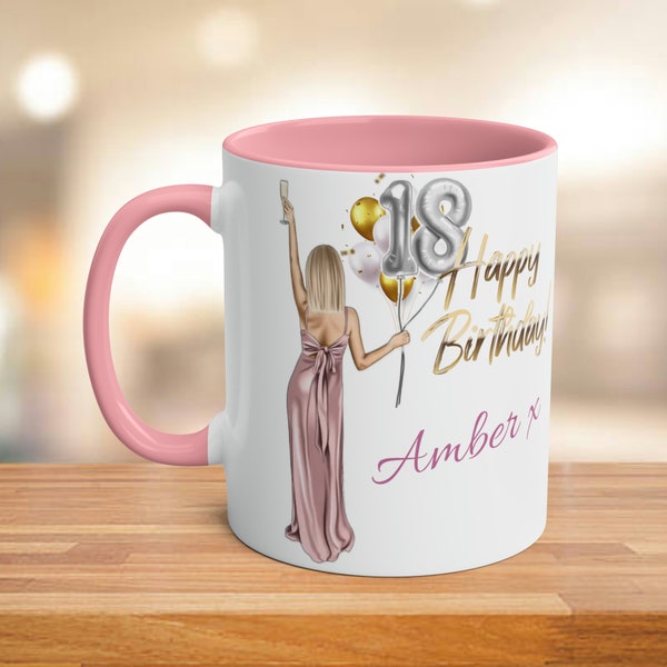 Personalised 18th Birthday Mug, With Poem Birthday Age Mug, Girls Eighteenth Birthday Gift, Rose Gold Dress, Daughter Sister Bestie Niece