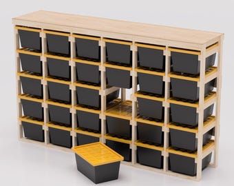 27 Gallon Tote Storage Rack Plans PDF. Holds 30 Bins (6x5) with Shelf on Top. Garage Storage Shelves. DIY Build Plans