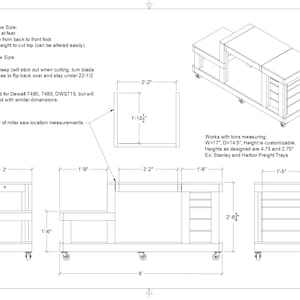 May include: Line drawing of a miter saw stand with dimensions labeled in inches. The stand has a top shelf for the saw, a lower shelf, and two side shelves. The stand is designed to fit Dewalt 7480, 7485, DWS715 miter saws.