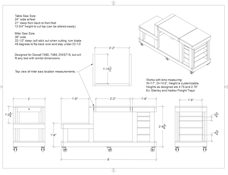 May include: Line drawing of a miter saw stand with dimensions labeled in inches. The stand has a top shelf for the saw, a lower shelf, and two side shelves. The stand is designed to fit Dewalt 7480, 7485, DWS715 miter saws.
