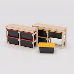 27 Gallon Tote Rack Workbench Plans PDF. Holds 4 Bins (2x2) lengthwise with Shelf on Top. DIY Build Compatible with Lowes and HDX Totes