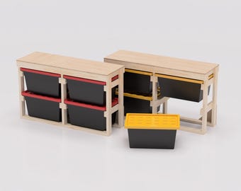 27 Gallon Tote Rack Workbench Plans PDF. Holds 4 Bins (2x2) lengthwise with Shelf on Top. DIY Build Compatible with Lowes and HDX Totes