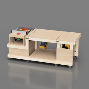 4 Tool Flip Top Workbench. Holds Table Saw, Miter Saw, Planer, Router Table. Includes Imperial and Metric versions. Shown with miter saw flipped down