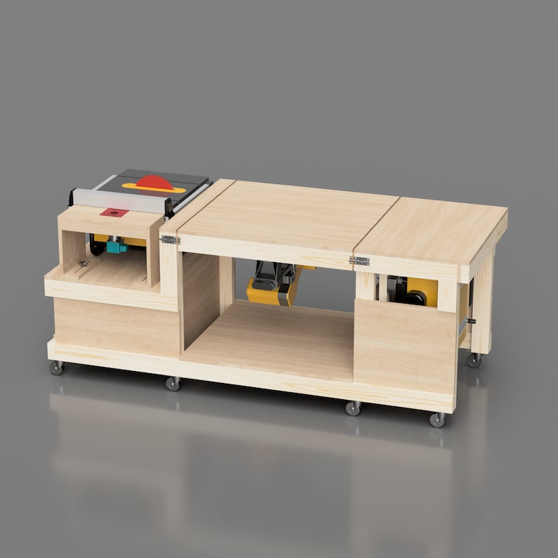 4 Tool Flip Top Workbench. Holds Table Saw, Miter Saw, Planer, Router Table. Includes Imperial and Metric versions. Shown with miter saw flipped down