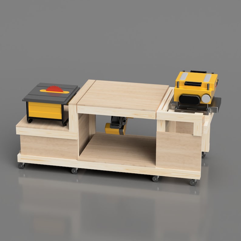 diy plan showing planer in up position allowing full use to planer while miter saw and table saw are still on the workbench