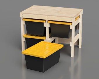 27 Gallon Tote Storage Workbench Plans. Tote Rack Garage Storage and Work Bench Plans. Organization workshop basement. Lowes Tote Compatible