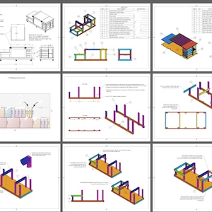 May include: A detailed woodworking plan for building a workbench with a variety of storage options. The plan includes a cut list, assembly instructions, and diagrams showing the construction process. The workbench is designed to be sturdy and functional, with a large work surface and plenty of storage space for tools and materials.