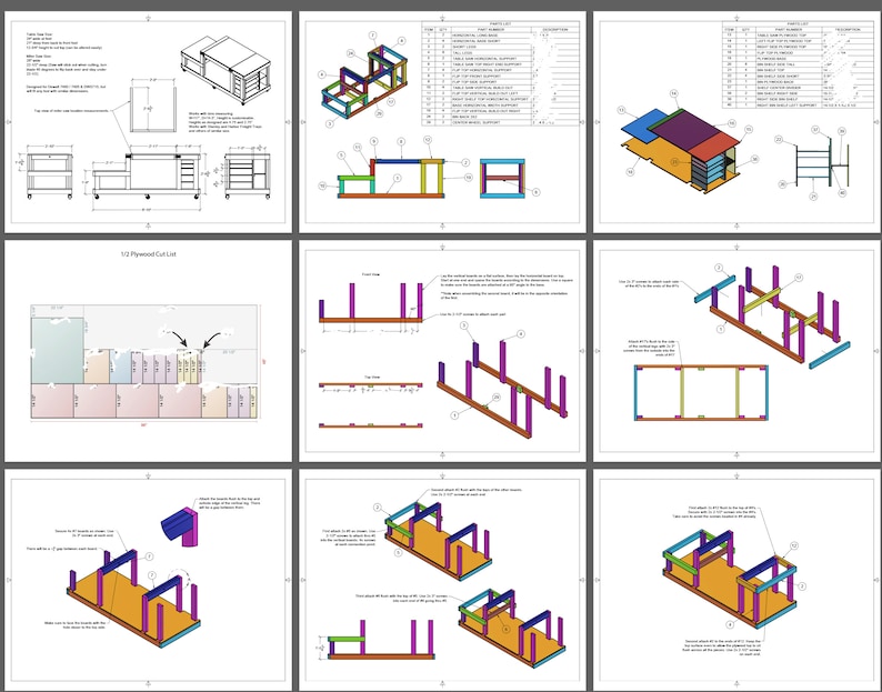 May include: A detailed woodworking plan for building a workbench with a variety of storage options. The plan includes a cut list, assembly instructions, and diagrams showing the construction process. The workbench is designed to be sturdy and functional, with a large work surface and plenty of storage space for tools and materials.