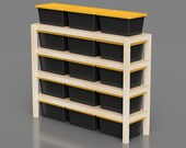 8ft Storage Shelves Plans, Garage storage rack for shop organization DIY Plans. Compatible with 27-Gallon Totes from Lowe's, Sam's Club.