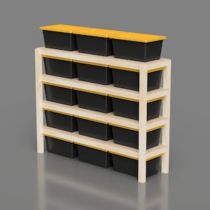 8ft Storage Shelves Plans, Garage storage rack for shop organization DIY Plans. Compatible with 27-Gallon Totes from Lowe&#39;s, Sam&#39;s Club.