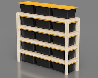8ft Storage Shelves Plans, Garage storage rack for shop organization DIY Plans. Compatible with 27-Gallon Totes from Lowe's, Sam's Club.