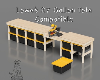 Miter Saw Station Plan Offset Design, Storage for Lowes 27 gallon totes, Miter Saw Workbench, PDF Build Plans