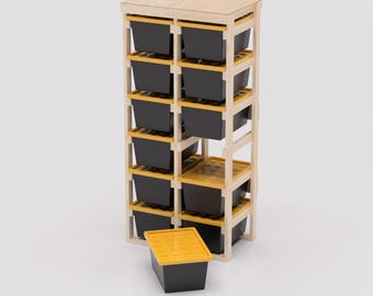 27 Gallon Tote Storage Rack Plans PDF. Bin rack with Shelf on Top. Garage Storage Shelves. DIY Build Plans