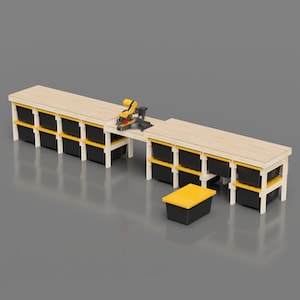 Miter Saw Station Plan, 27 gallon tote storage, workbench plans, DIY garage storage, 8 ft work bench, Miter Saw Table