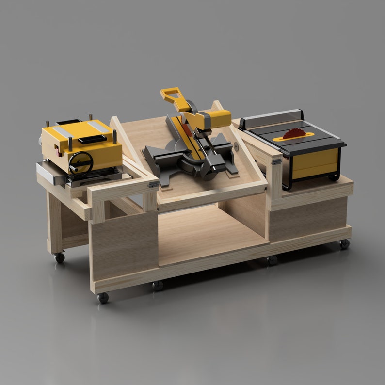 4 Tool Flip Top Workbench. Holds Table Saw, Miter Saw, Planer, Router Table. Includes Imperial and Metric versions. Shown with all tools up.
