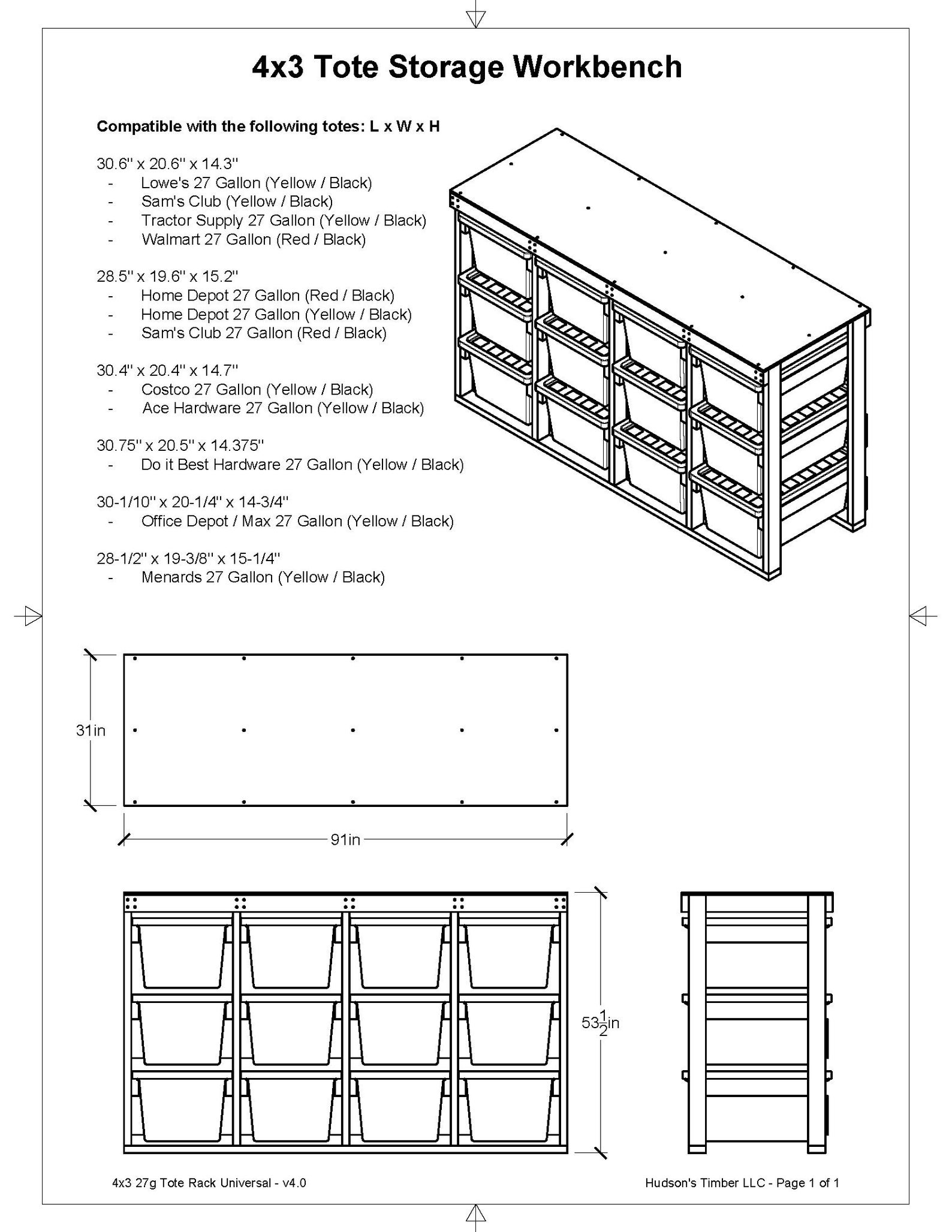 27 Gallon Tote Storage Rack Plans PDF. Holds 12 Bins (4x3) With Shelf ...