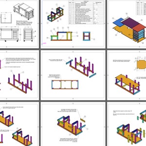May include: Detailed woodworking plans for building a rolling workbench with shelves. The plans include a parts list, cut list, and assembly instructions. The workbench is made of wood and has a blue, purple, and orange color scheme.