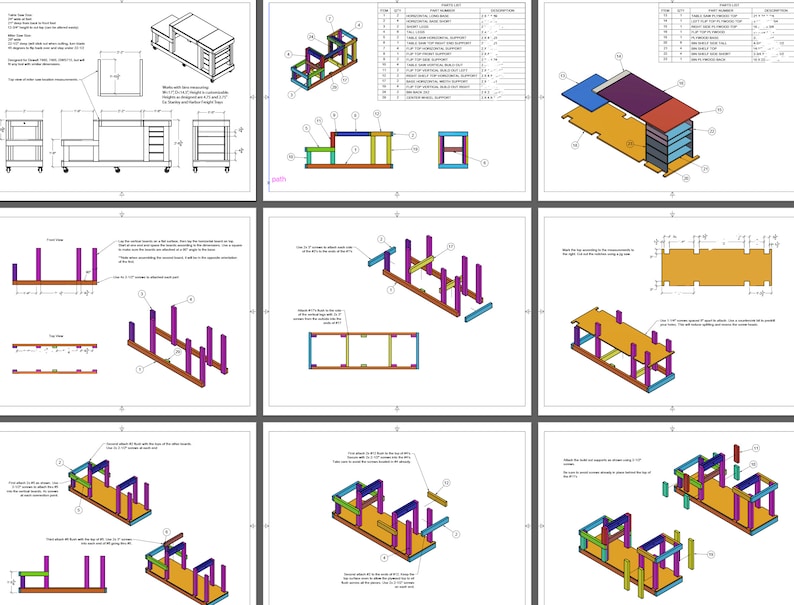 May include: Detailed woodworking plans for building a rolling workbench with shelves. The plans include a parts list, cut list, and assembly instructions. The workbench is made of wood and has a blue, purple, and orange color scheme.