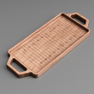 May include: A wooden serving tray with handles shaped like football goal posts. The tray is engraved with a football field design, including yard lines and hash marks. The numbers on the yard lines range from 0 to 50.