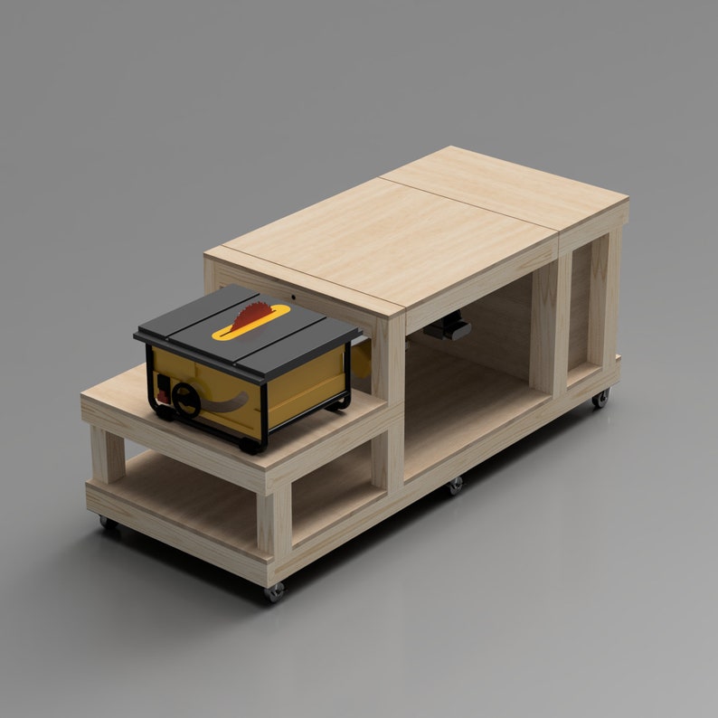 May include: A wooden table saw stand with a yellow table saw on a lower shelf. The stand has two shelves and is on wheels. The table top is made of plywood and has a lip on the front edge.