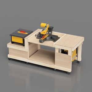 Flip top with miter saw in use on mobile workbench. work bench plans detailed for use with 3 tools