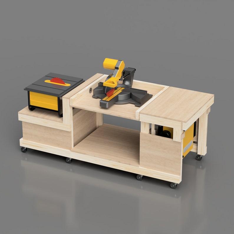Flip top with miter saw in use on mobile workbench. work bench plans detailed for use with 3 tools