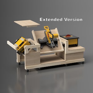 May include: A wooden workbench with wheels, featuring a miter saw, a table saw, and a storage shelf. The workbench is in an extended position, showing its full size and functionality. The text "Extended Version" is displayed above the workbench.