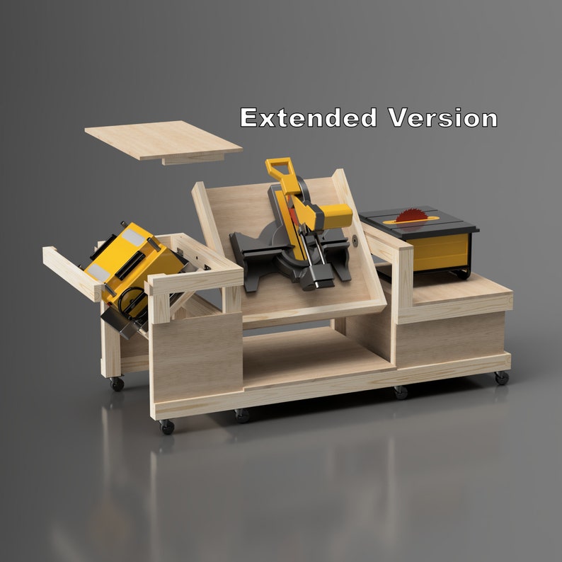 PDF Download, DIY Plans for extended version of the flip top workbench allowing for larger table saws and sliding miter saws.includes space for planer in this 3 tool work bench build plan design.