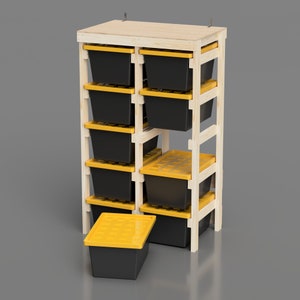 27 Gallon Tote Rack Plans. 10 Tote Garage Storage Shelves. Organization workshop / basement. Lowes and Sams Club Tote Compatible