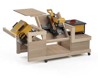 Flip Top Workbench Plans for Table Saw, Miter Saw and Planer. Compact Flip Top Workbench out feed table. Work Bench Plans. Miter Saw Station