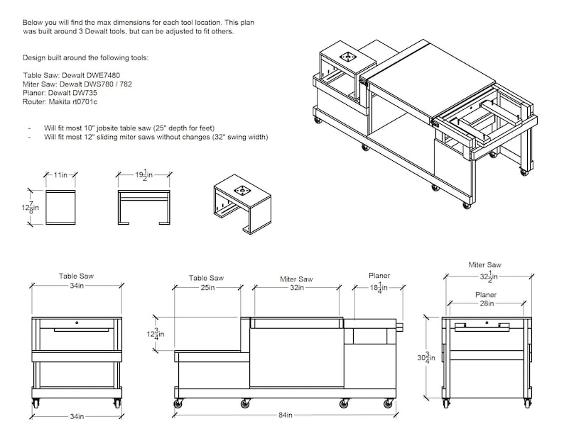4 Tool Flip Top Workbench Dimensions in Imperial units