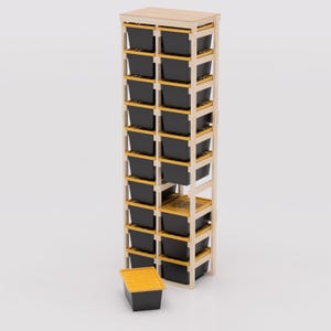 27 Gallon Tote Rack Plans. 20 Tote Garage Storage Shelves. Organization workshop / basement. Lowes and Sams Club Tote Compatible