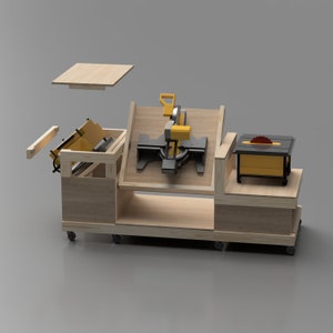 back side view of mobile work bench showing clearance and miter saw flip top