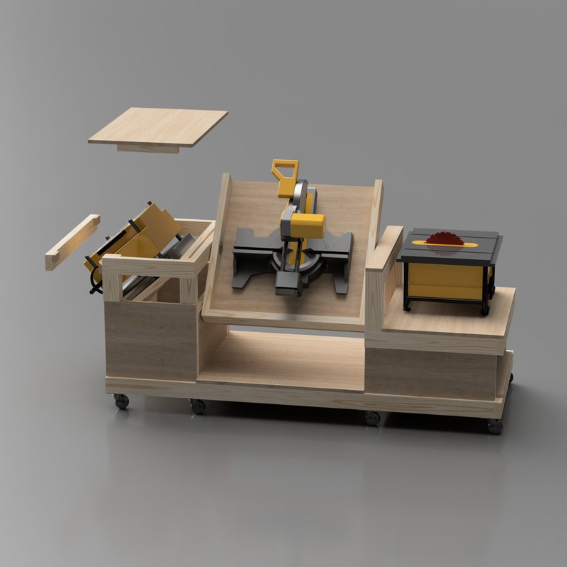 back side view of mobile work bench showing clearance and miter saw flip top