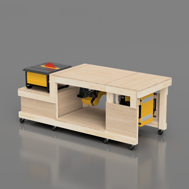 flip top workbench shown with table saw in use and miter saw closed providing outfeed table for table saw or for larger work area on general work bench tasks.
