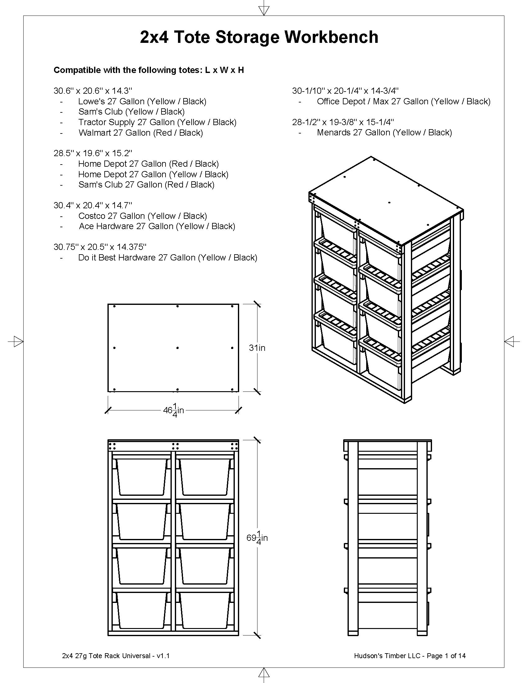 27 Gallon Tote Storage Rack Plans PDF. Holds 8 Bins (2x4) With Shelf on ...