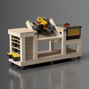 Compact Flip Top Workbench Plans. 2x6 Foot Table Saw Workbench. Compact Mobile Flip Top Miter Saw Workbench. Work Bench. Miter Saw Station.